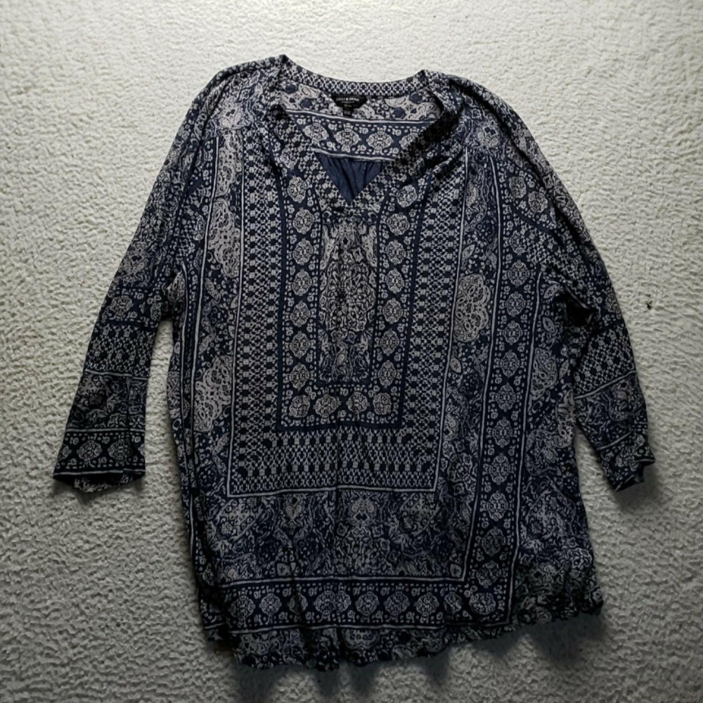 Lucky Brand Blouse Womens Plus 2X Blue V Neck 3/4 Sleeve Paisley Boho Tunic Top